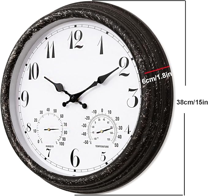Outdoor Waterproof Wall Clock with Thermometer and Hygrometer Combo, 15 in Retro Battery Operated Garden Clocks for Indoor and Outside Patio Deck Pool -Not Silent (Black)
