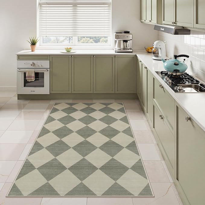 Beeiva Checkered Print Bedroom Area Rug 3x5, Non Slip Ultra Thin Washable Entryway Rug Low Pile Soft Bathroom Rugs Green, Moroccan Farmhouse Trellis Throw Rugs for Kitchen Office Kids Room
