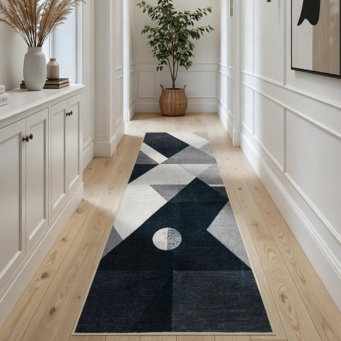 Joydeco 2x6 Geometric Washable Hallway Runner Rug, Black Grey White | Modern Non-Slip Low Pile Soft Stain Resistant Dark Gray Pet Child Friendly Carpet for Bedroom Entryway Kitchen Laundry Room