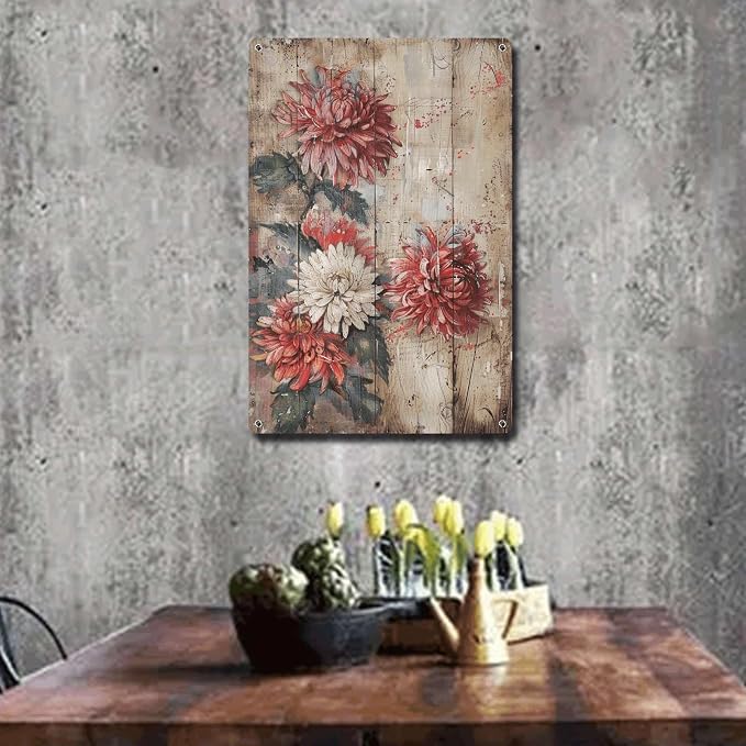 Metal Sign Tin Sign Vintage Wall Art Rustic Chrysanthemums Tin Sign for Distressed Wood Surfaces Vintage Aesthetics and Corrosion Resi Bar Signs for Home Decor for Room 8×12 Inches