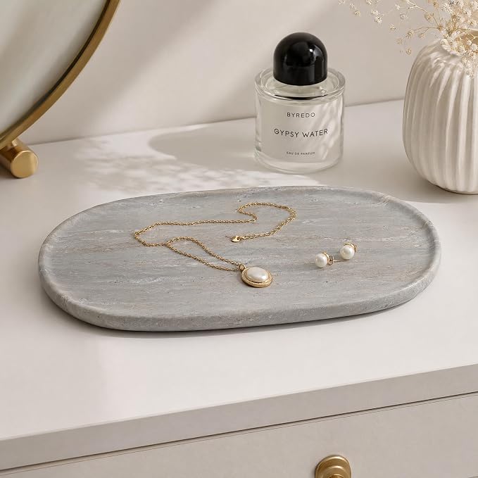 Genuine 100% Natural Marble Tray, Luxury Light Grey Stone Vanity Tray | 11.8" x 5.9" Decorative Oval Trays for Countertop Storage, Bathroom, Dresser, Kitchen, Home Decor, Jewelry Makeup Organizer