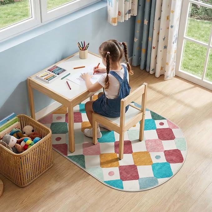jinchan 3x5 Washable Kids Rug Colorful Study Corner Arch Chair Mat Confetti | Soft, Non-Slip, Cute, Whimsical, Kid-Friendly, Dirt Trapping, Checkered Diamond, Doormat, Nursery, Bedroom, Dorm