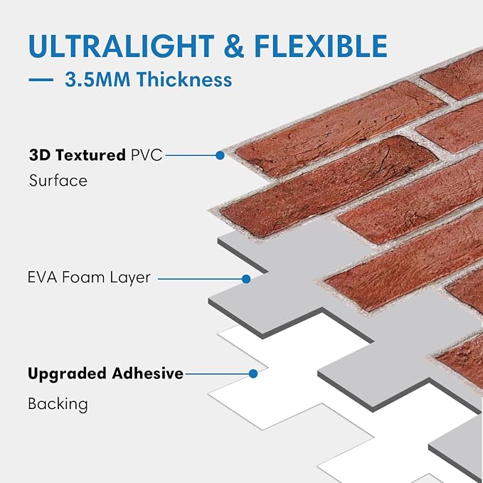 COMSTICKC 3D Faux Brick Wall Panel Peel and Stick, 3D Brick Wall Stickers, 12 pcs of 22.8" x 11.8", Not Real Brick, UrltraLight PVC Adhesive Fake Brick Backsplash Wall Covering Interior, 22.48 sq.ft