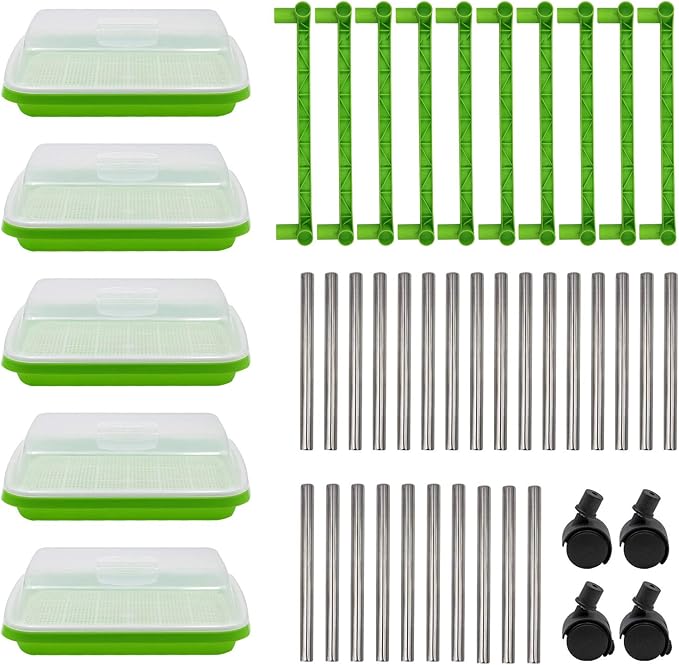 5 Layers Seed Starter Kit - Seed Sprouter Trays with Clear Lid & Stainless Steel Shelf, Soil-Free Germination Trays for Indoor/Outdoor Microgreens, Wheatgrass Mung Beans Cat Grass & Seedling Growing