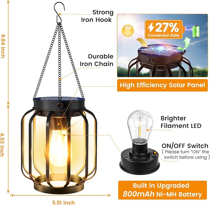 Solar Lanterns Outdoor Waterproof 2 Pack, 14.37'' Metal Hanging Solar Lights for Outside with Auto On/Off & Hook - Brighter Hanging Outdoor Lanterns Decorative Lighting for Garden Patio Yard