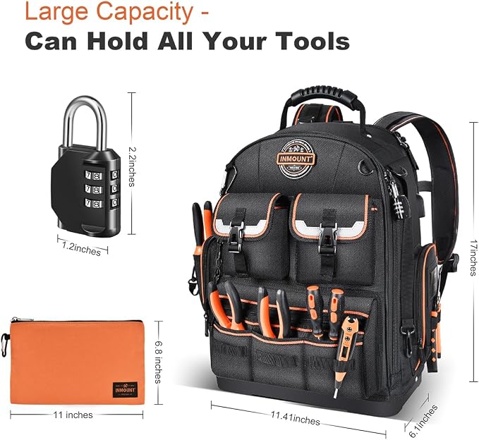 Tool Backpack with 2 Small Tool Bags – LOKASS Heavy Duty Backpack Tool Bag with Molded Base,1680D Tool Organizer with Laptop Compartment & Combination Lock, Water-Resistant Electrician & HVAC Tool Bag