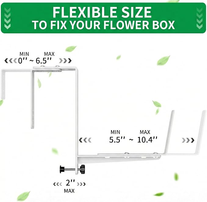 Window Box Brackets, Adjustable Planter Box Brackets, Heavy Duty Iron Flower Box Brackets for Railings, with Enhanced Bottom Support - Perfect for Balconies, Fences, and Gardens (White, 2 Pack)
