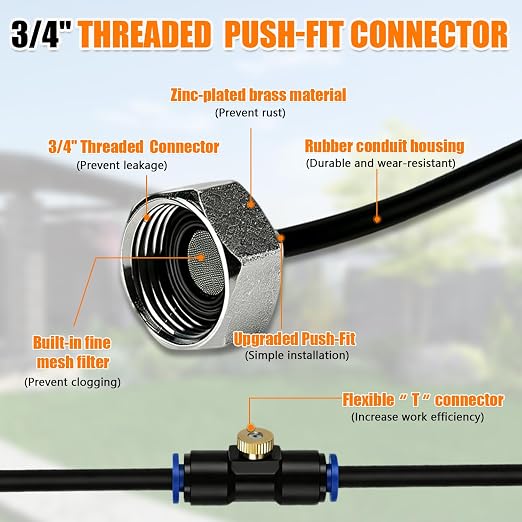 Misters for Outside Patio 30FT/9M, Pre-Assembled Misting Cooling System with 8 Brass Nozzles & 3/4" Adapter, Outdoor Mister for Backyard, Garden, Trampoline Sprinkler, BBQ Party Accessories