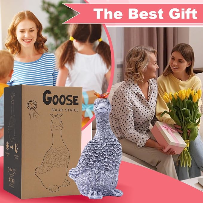 Solar Garden Statue Goose Figurine | Outdoor Decoration with Butterfly for Garden Yard Lawn Home Decor Outside : Unique Gifts for Mom Grandma