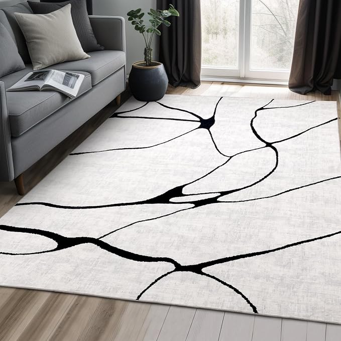 6x9 Washable Modern Abstract Black White Area Rug | Ultra-Thin Low Pile, Non-Slip TPE Backing, Soft Stain Resistant, Machine Washable, for Bedroom Livingroom High Traffic