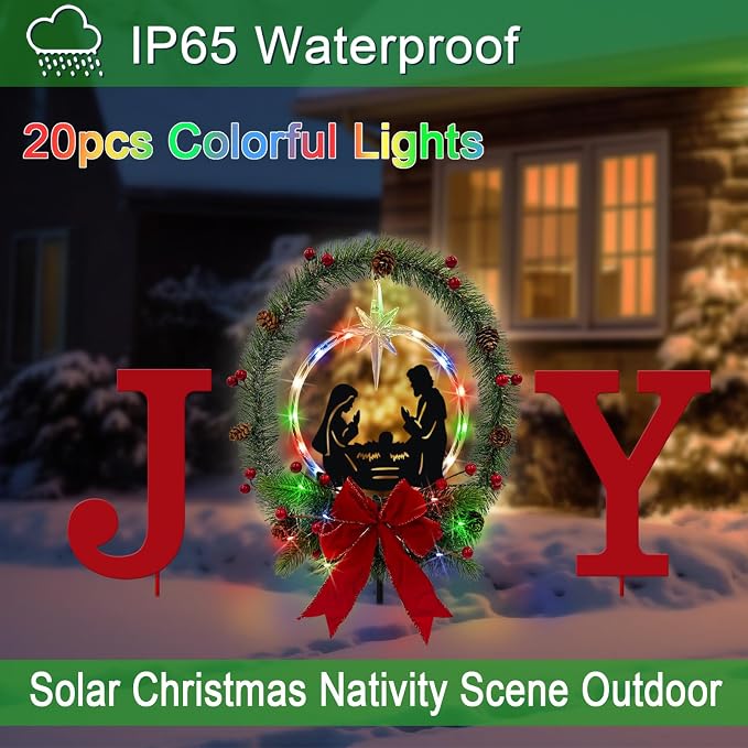 3Pack Solar Lights Christmas Joy Sign,Metal Nativity Scene Outdoor,Silhouette Nativity Set Decoration Outside for Yard Stake