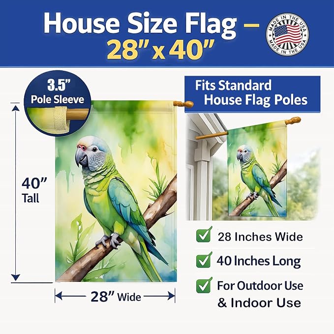 Caroline's Treasures Monk Parakeet House Flag Large Porch Sleeve Pole Decorative Outside Yard Banner Artwork Wall Hanging, Polyester, House Size, Multicolor