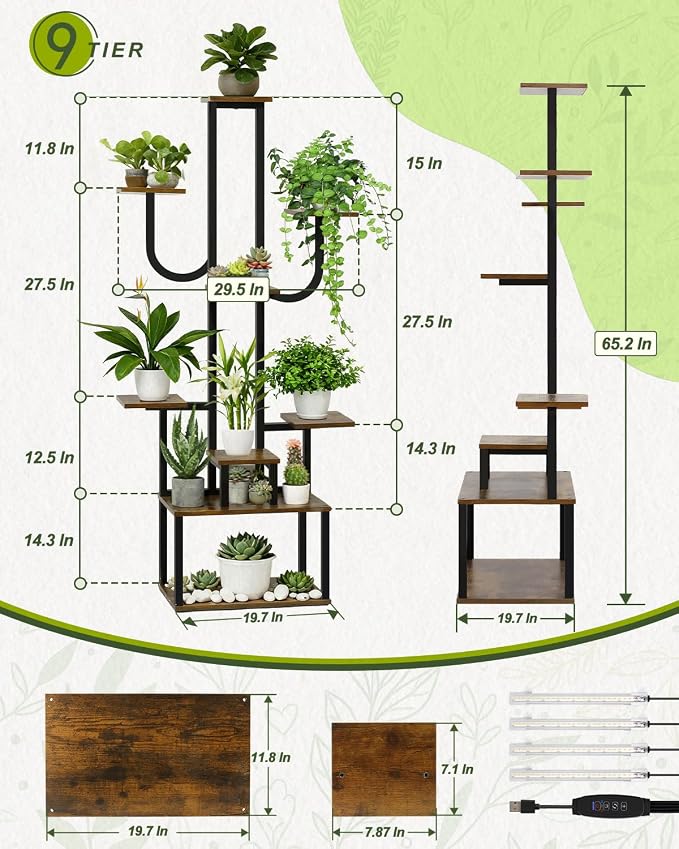 joyhalo Plant Stand Indoor with Grow Lights, 9 Tiered 65" Tall Indoor Plant Shelves for Multiple Plants, Lighted Corner Plants Stands with Adjustable Brightness & Timer for Home Decor