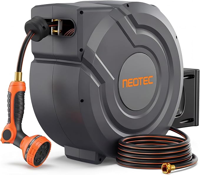Upgraded Retractable Garden Hose Reel 1/2 inch x 100 ft 9 Pattern Nozzle Heavy Duty Wall-Mounted Any Length Lock Automatic Slow Return 180° Swivel UV Resistant Hose Reels for Outside