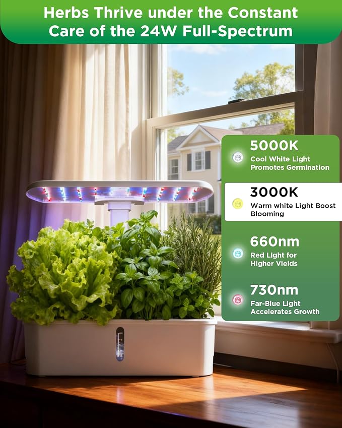 Smart Hydroponics Growing System Kit,12 Pods Indoor Herb Garden with 24W LED Grow Light Planting Adjustable Height Up to 13", Quiet Water Pump, Ideal Gift for All Ages