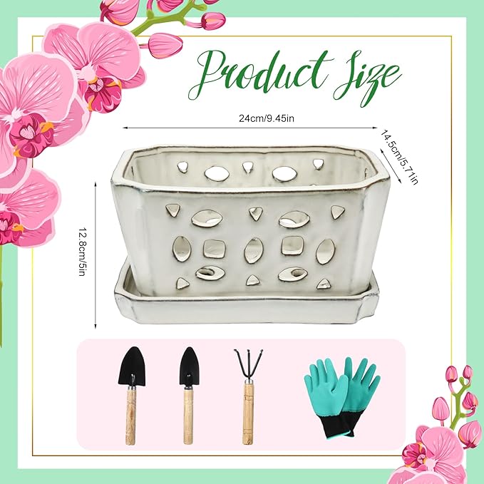 Teenyyou 1 Set Orchid Pot with Holes 9.5 Inch Ceramic Orchid Pot with Saucers for Repotting Amaryllis Flower Planter Include Gardening Shovel Set and Gloves for Home Decor(White)