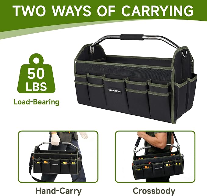 22In Electrician Tool Bag, Foldable Bags For Men Heavy Duty, Open Top Tool Tote, 30 Pockets Can Hold Many fittings, Organizer Stainless Steel Handle and Removable Shoulder Strap