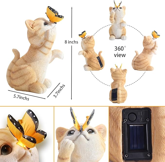 Solar Garden Statue Cute Cat Figurine Fun Color Changing LED Butterfly Light Outdoor Decor Waterproof Resin Sculpture Patio Lawn Art Housewarming Gifts for Cat Lovers Women