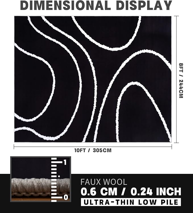 Black Modern Area Rugs 8x10,Large Black and White Rugs for Living Room,Wave Washable Rug 8x10,Thin Abstract Geometric Rug,Minimalist Striped Rugs for Bedroom,Office