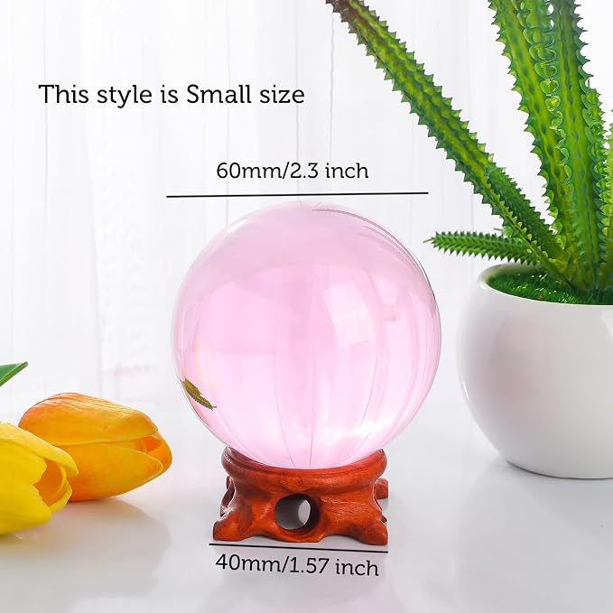 Pink Small Crystal Ball 60mm/2.3 inch with Rose Wooden Stand and Gift Box for lensball Photography,Fortune Teller,Feng Shui, Witchcraft Decor,Scrying,Magic,Crystal Orb Prop Decorative Glass Sphere