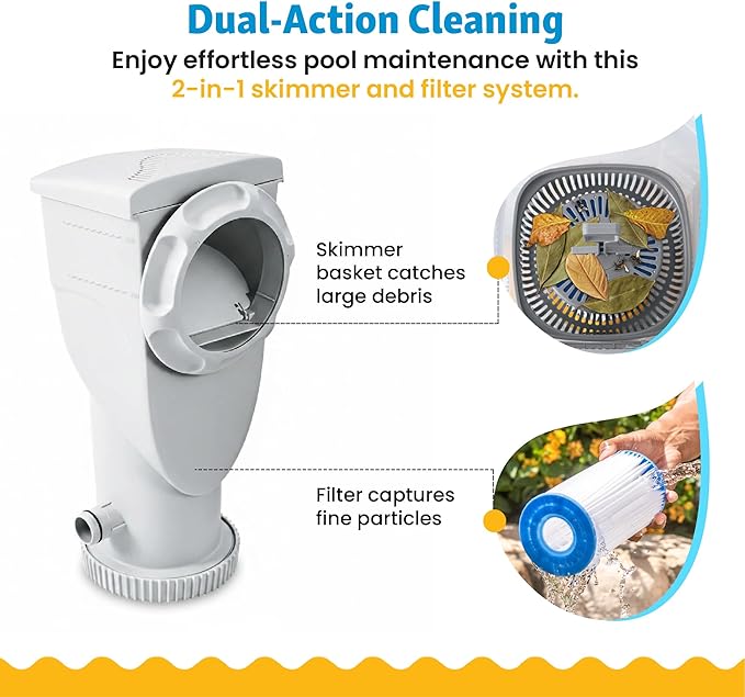 Funsicle SkimmerPlus 1,500 GPH 2-in-1 Filter Pump and Skimmer System for Above Ground Swimming Pools - Pool Cleaning and Maintenance | 2-in-1 Filter Pump and Skimmer System for Easy Pool Cleaning & Maintenance, Sidewall-mounted design with Filter Cartr...