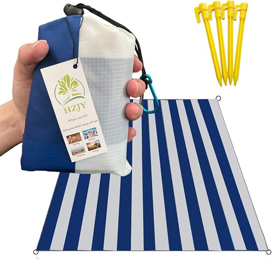 Pocket Blanket 71"x55", Lightweight Compact Sandproof Waterproof Outdoor Blanket for Beach, Hiking, Camping, Travel, Festivals, Picnic with Pockets, Loops, Stakes, Carabiner