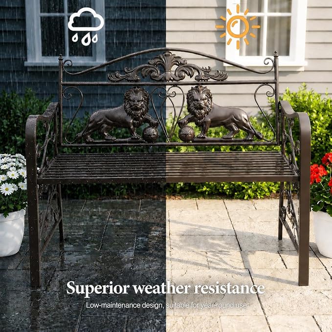 44.5" Outdoor Garden Bench, Heavy-Duty Metal Frame Patio Park Bench with Vintage Lion Design for Porch, Balcony, Backyard & Entryway