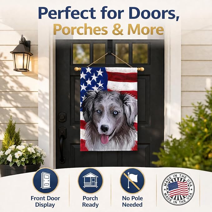 Caroline's Treasures CK6615CHF Miniature American Shepherd American Flag House Flag Large Porch Sleeve Pole Decorative Outside Yard Banner Artwork Wall Hanging, Polyester, House Size, Multicolor