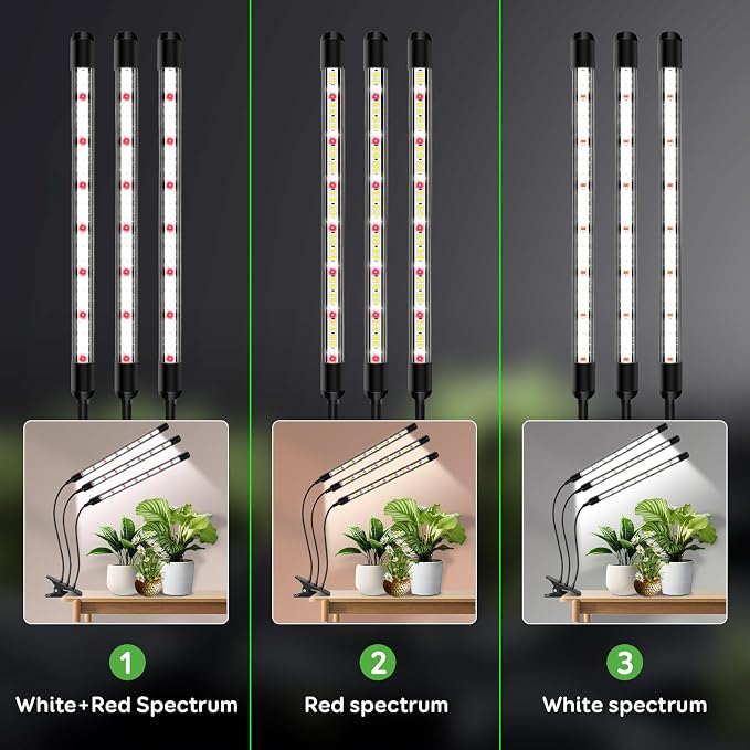 SDOVUERC Tri-Head Clip Grow Light for Indoor Plants, Full Spectrum with 6/12/18H Timer, 5 Dimmable Levels, 3 Spectrum Modes & 360° Gooseneck for Seedlings, Houseplants, Succulents