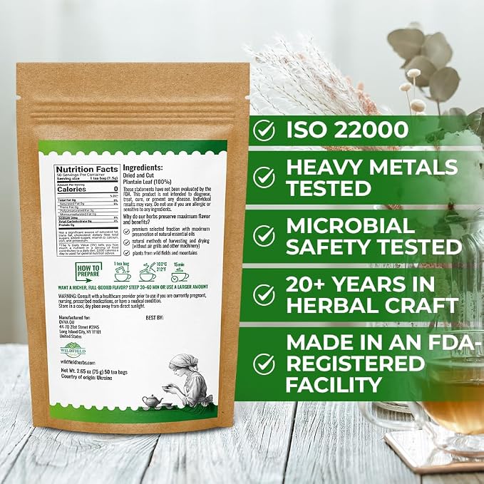 50 Bags Broadleaf Plantain Leaf Herb Tea (Plantago Majoris Folia) Plantain Leaves Tea - 50 Count 1.5 g Bags Llanten