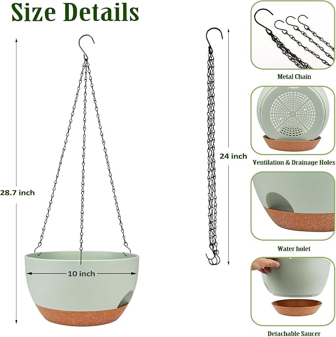 Hanging Planters for Outdoor Indoor Plants, 2 Pack 10 Inch Hanging Basket Plants Outdoor, Self Watering Hanging Planter with Plant Hanger for Garden Home Decoration (Green, 10 inch)