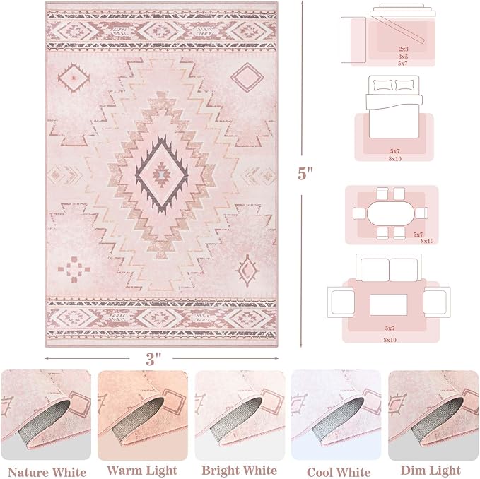 Yinhua 3x5 Pink Area Rug for Entryway, Western Washable Rug Low-Pile | Soft Moroccan Area Rugs Non-Slip with Rubber Backing, Stain Resistant Non-Shedding Carpet for Bedside Living Room