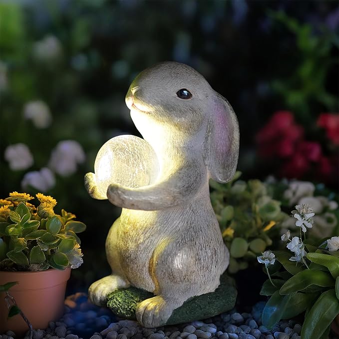 Solar Rabbit Garden Statue Outdoor Decor, Bunny Figurines with Solar Lights, Yard Decorations for Patio Balcony Yard Lawn Ornament - Unique Birthday Easter Housewarming Gifts for Women, Mom, Grandma