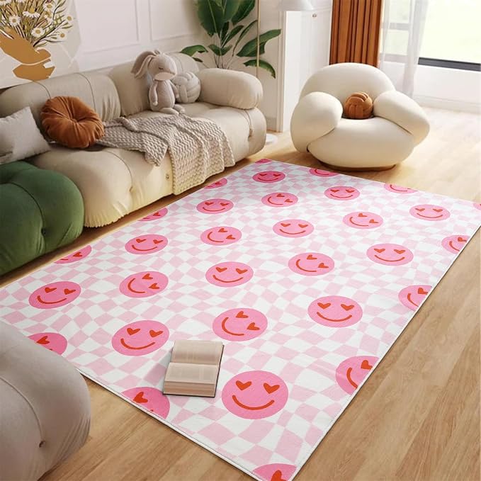 Washable Cute Pink Checkered Rugs for Girls Bedroom Aesthetic Decor, Ultra Thin Funky Groovy Aesthetic Retro Trippy 4x6 Area Rug for Living Room Nursery, Preppy Modern Y2K Dorm Accent Carpet