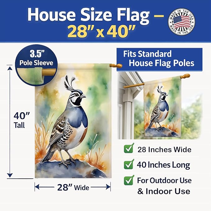 Caroline's Treasures California Quail House Flag Large Porch Sleeve Pole Decorative Outside Yard Banner Artwork Wall Hanging, Polyester, House Size, Multicolor
