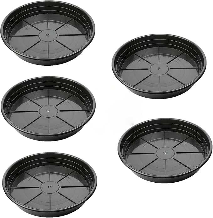 SUNPACK Premium Plastic Plant Saucer, Black 12” Inside Diameter, Pack of 5 - Protects Surfaces and Floors from Water and Debris