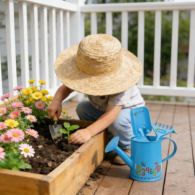 Sungmor Small Watering Can Set Cute Little Gardener Kit | Package Includes 3PC Blue Number Watering Can & Trowel & Rake Gardening Hand Tools | Perfect for Garden,Yard or Beach