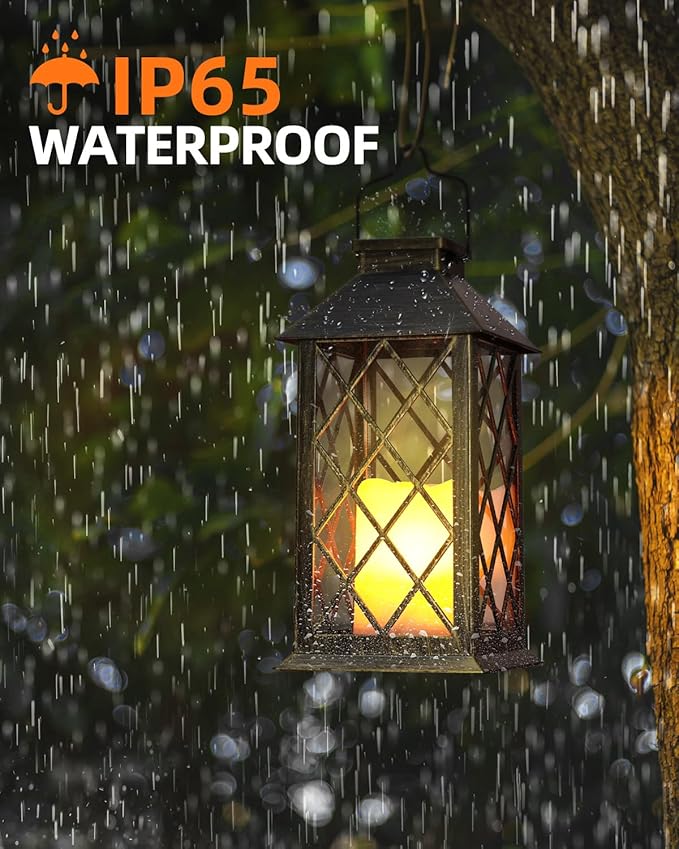 Otdair Solar Lanterns Outdoor Waterproof, 2 Pack 14" Hanging Flickering LED | Auto dusk-to-dawn; Flickering flame effect; 7–8h Runtime; IP65 waterproof; Retro style; Patio yard garden decor; Gift