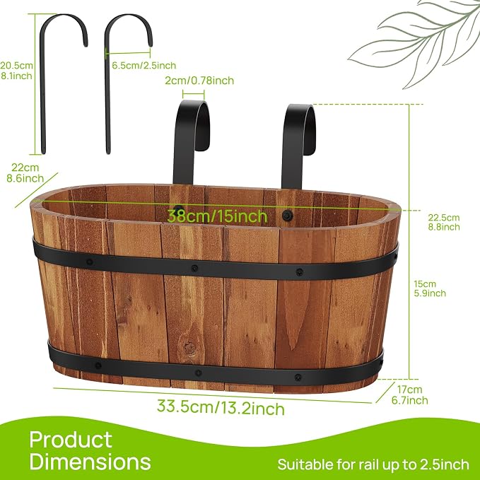 2PACK Wooden Cute Hanging Flower Pots for Railing Fence Outdoor Planter Railing Planter Boxes for Plants Wall Planters Window Flower Box Hanging Bucket Pots Countryside plant Holder (Brown,2pcs,Large)