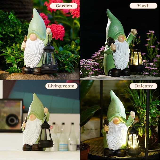 Gnome Statue with Solar Lantern - 4.92L x 9.92H | Garden Figurines for Home and Garden Decor, Gnome Decorations Gift Ideas, Gifts for Women Mom