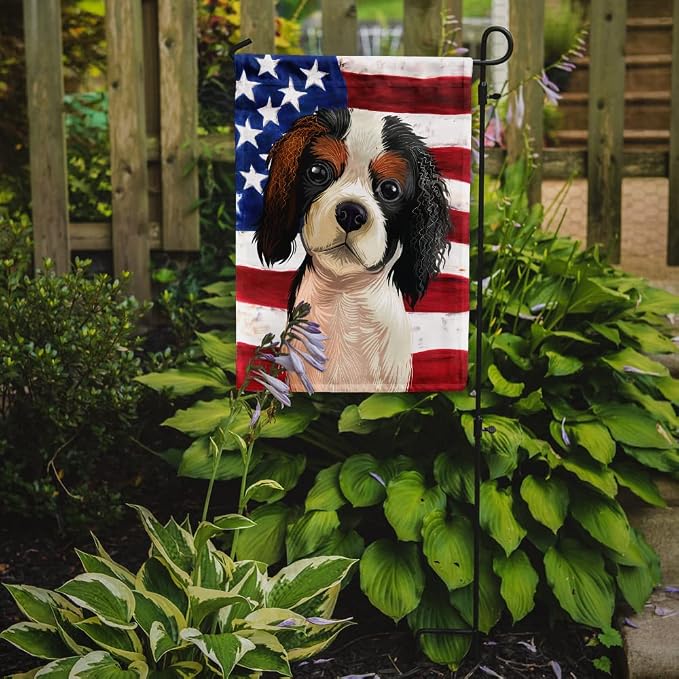 Caroline's Treasures CK6482GF Cavalier Spaniel American Flag Garden Flag Mailbox Flag Decorative Yard Flag Banner Outside Patio Artwork Yard Flower Beds, Garden Size, Multicolor