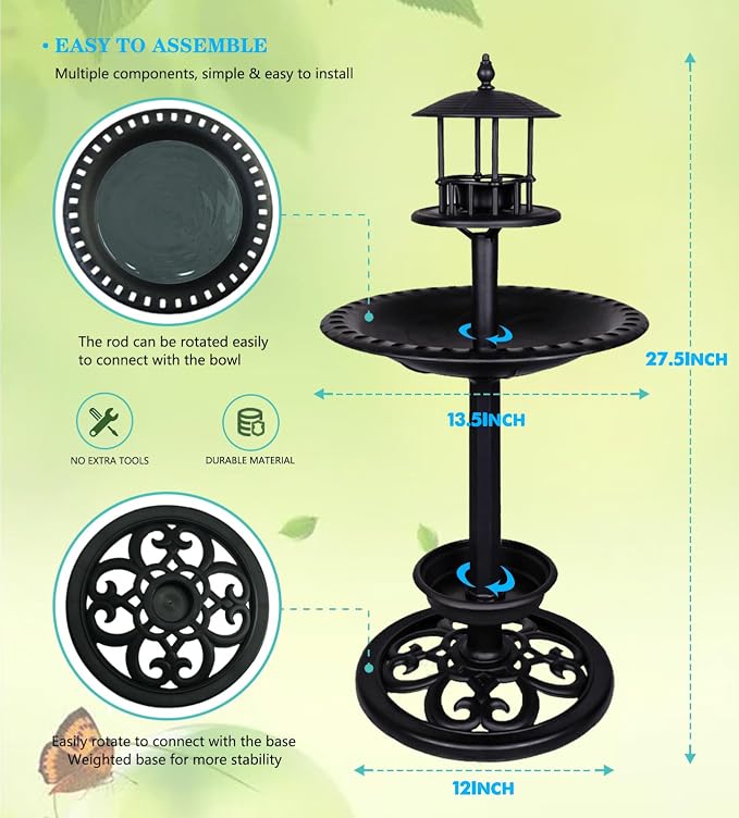 Black Bird Baths for Outdoors Plastic Bird Feeder with Flower Planter for Garden Yard Patio Balcony and Lawn Decor 27.5" | 2-in-1 Bird Bath & Feeder, Weatherproof, Ground Stakes Included, Tool-Free Assembly, Patio Lawn Decor, Gift for Garden Lovers