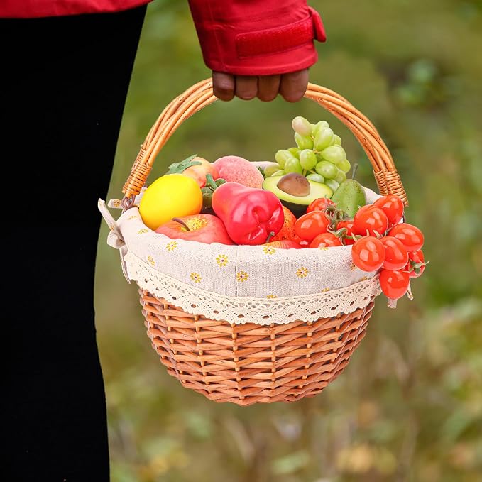 Wicker Picnic Basket with Double Folding Handles, 13.9 x 11.4 x 6.7 Inch | Hand Woven Easter Basket, Natural Willow Picnic Basket with Handle, Woven Picnic Hamper for Outdoor Camping