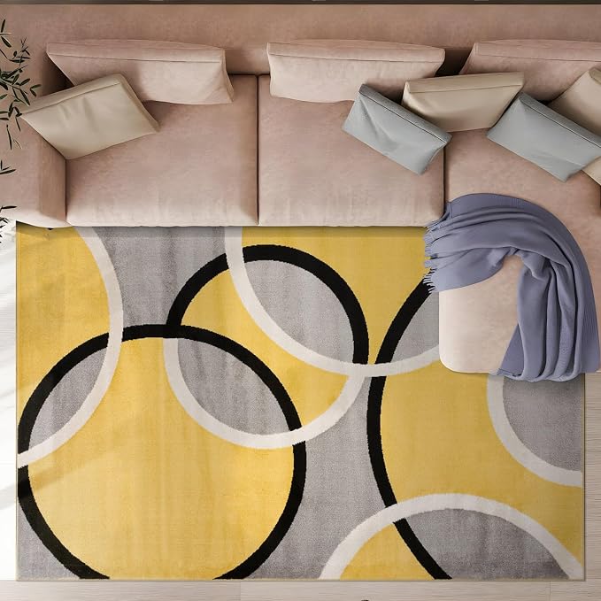 Rugshop Abstract Circles Contemporary Living Room Area Rug Yellow 6'6" x 9' | Non-Shedding, Rectangular, Size 6'6" x 9', Bedroom, Dining Room, Home Office, Kitchen, Entryway, Hallway, Nursery, Kids Room