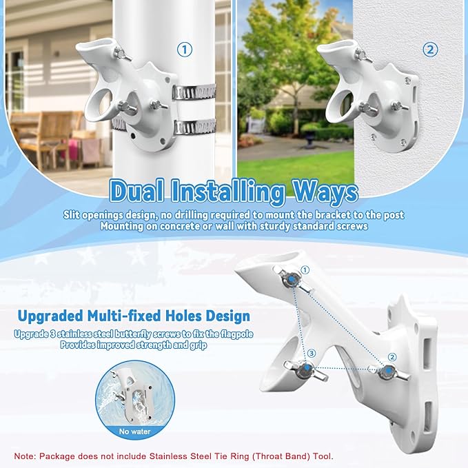 Flag Pole Bracket for House, REERON 2-Positions Metal 1" Flagpole Holder Mounts, Aluminium Rustproof Outside Flag Pole Wall Porch Mounting Brackets with 3 Fixed Holes & Steel Hardwares (White-1 Pack)