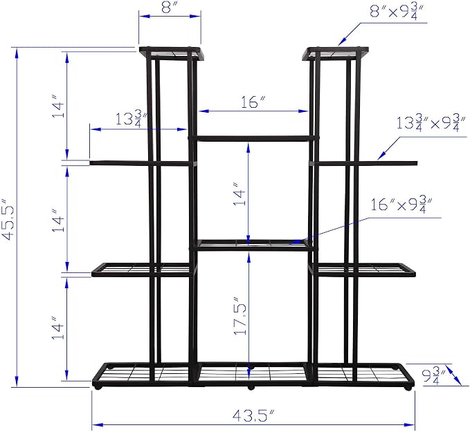 MTB Garden 4 Tier 11 Potted Metal Large Plant Stand for Indoor Outdoor Flower Pot Display Planter Shelf, Charcoal Grey
