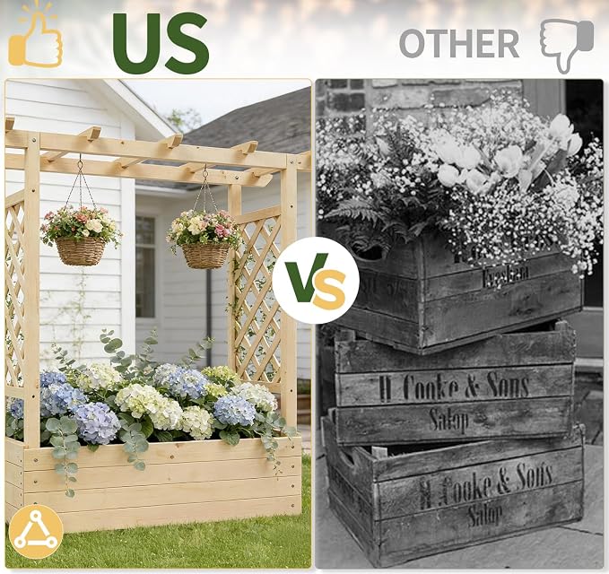 VINGLI Raised Garden Bed with Trellis & Hanging Roof, Wooden Planter Box with Drainage Holes for Outdoor Climbing Plants Vegetables Flowers, Patio Yard Balcony (Natural, Medium)