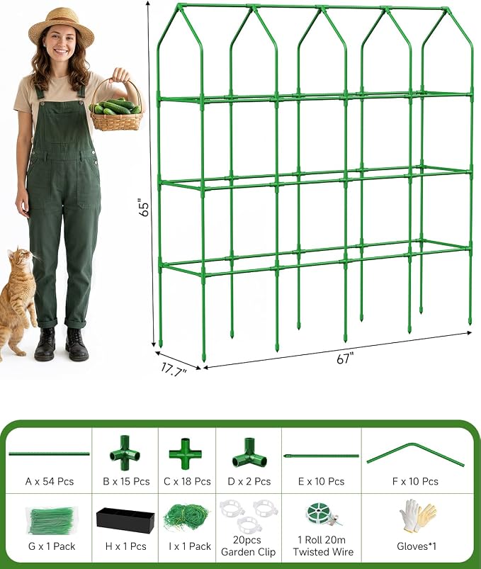 65" Cucumber Planter with Trellis for Climbing Plants Outdoor, Metal Garden Trellis for Raised Bed, Plant Support Structures with Netting for Cucumbers Tomatoes Beans Peas (67 * 17 * 65inch(L*W*H)