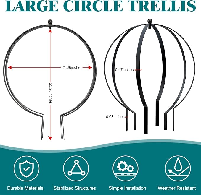 4 PCS Large Metal Round Trellis for Climbing Plants, Heavy Duty Thick Rustproof Obelisk, Garden Sphere Frame for Potted Roses Vines, Outdoor Garden Decor, Easy Assembly (25.2" x 21.3")