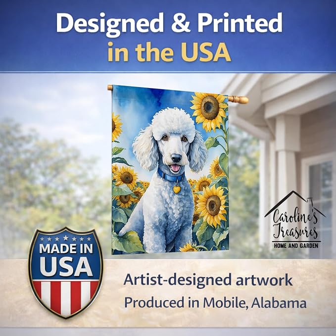 Caroline's Treasures DAC6142CHF White Poodle in Sunflowers House Flag Large Porch Sleeve Pole Decorative Outside Yard Banner Artwork Wall Hanging, Polyester, House Size, Multicolor